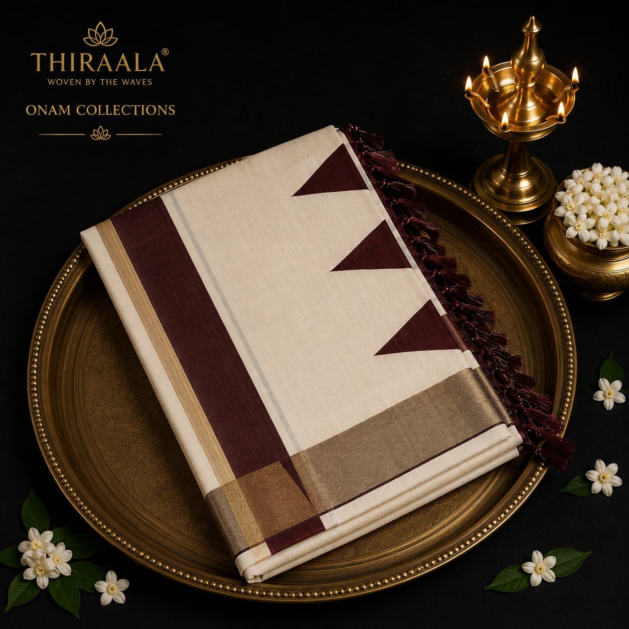 Folded Painted Lily Motif Kerala Cotton Saree